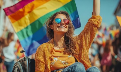 Happy disabled gay woman in wheelchair waving pride rainbow flag at festival. Celebrating equality and LGBTQ+ pride, Generative AI