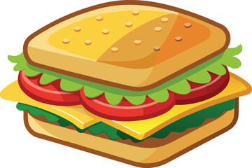 Vector art of a delicious sandwich packed with fresh ingredients like cheese, lettuce, and tomato, isolated on a white background