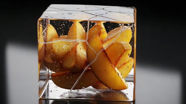 Golden fried potato wedges frozen inside a transparent ice cube. Cracks and melting droplets show intense contrast between heat and cold. A surreal and photorealistic food concept with dramatic visual