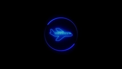 Illuminated blue airplane icon within a circle on a sleek black background