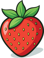 Vector art of a bright red strawberry with green leaves and small seeds, isolated on a white background