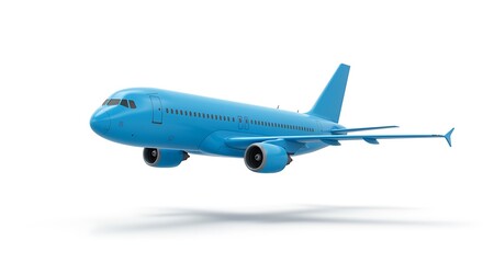 A light blue airplane with two engines and a tail fin is flying in the air on a white background