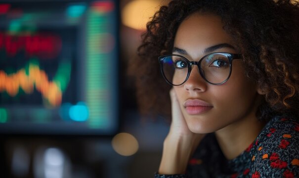 Candid young female investor analyzing stock market data, balancing work and home life while using technology, Generative AI