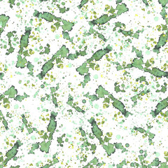 Watercolor green spotted, stains and splashes background seamless pattern. Hand painted illustration. Abstract olive, grass nature brush stroke. isolated design, texture for fabric, wrapping paper.