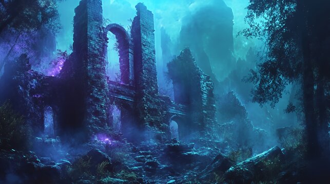 Enigmatic Ruins Within A Mystical Blue Forest