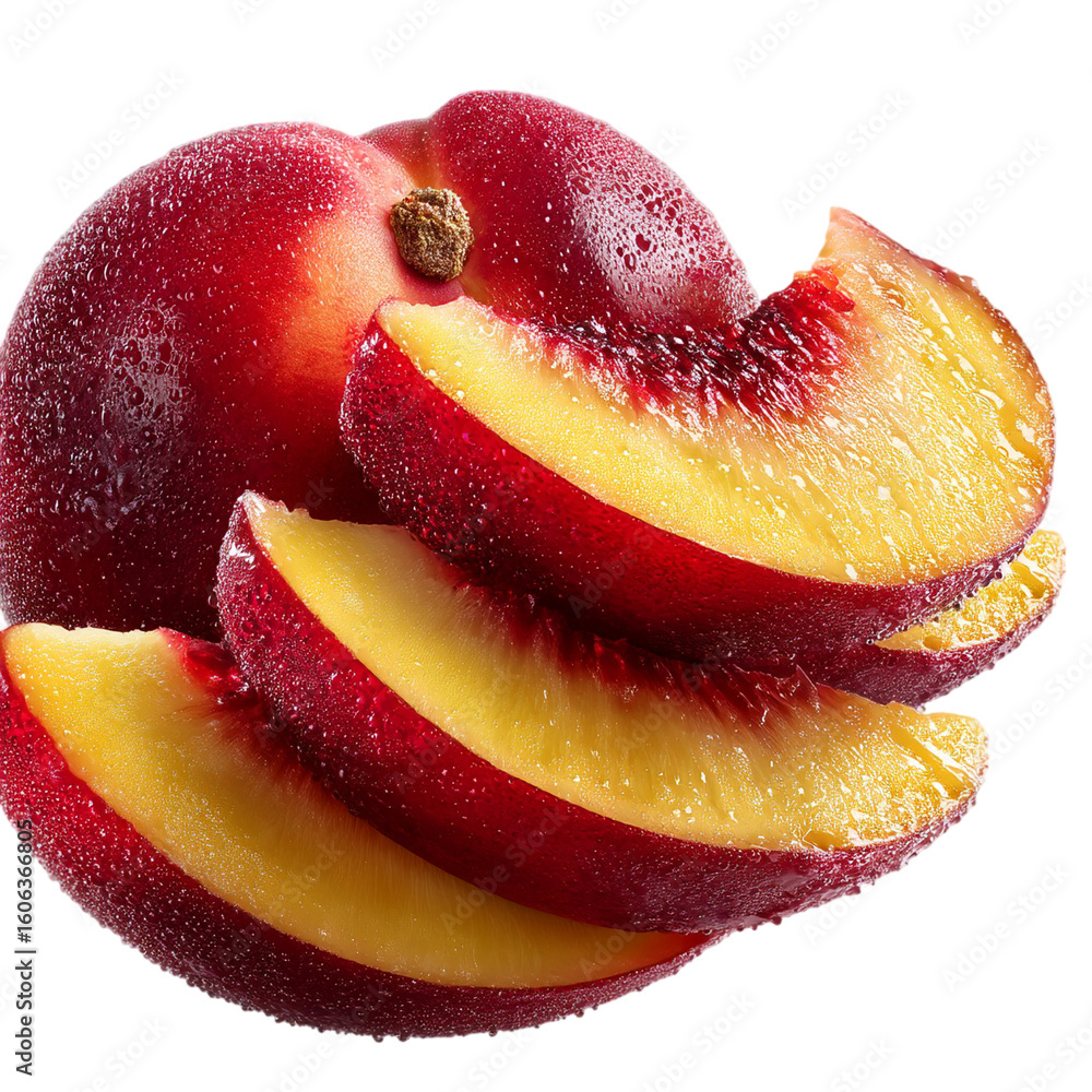 Poster a close up of a nectarine with slices on a black background detailed shot isolated on transparent ba