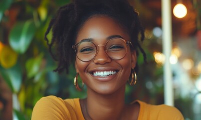 Happy black woman working remotely, smiling during virtual meeting video call with colleagues, promoting positive and flexible remote work culture, Generative AI