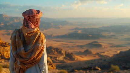 Desert vista view of dunes under a golden sky, seen from behind a person
