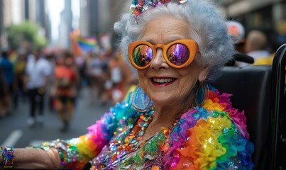 Joyful Pride Parade: Vibrant senior wheelchair-using drag queen celebrating diversity during New York City Pride Parade, Generative AI