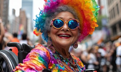 Joyful Pride Parade: Vibrant senior wheelchair-using drag queen celebrating diversity during New York City Pride Parade, Generative AI