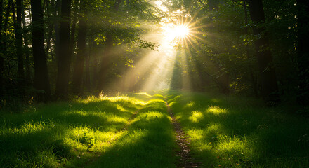 Fototapeta premium ForestSunlightSunbeamsLight raysNatureWoodsPathTrailGrassTreesGreenMorning (or Golden hour)EtherealPeacefulSereneNatural beautyPathway