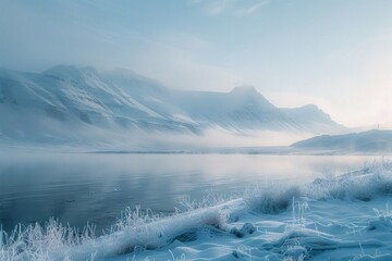On the morning of frost's descent, the soft sunlight falls on the frost-covered lake