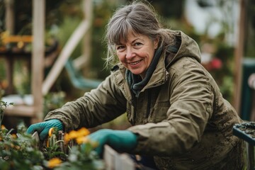Senior woman cleaning and renovating garden furniture, preparing for the summer. The image captures the joy of gardening and maintaining an outdoor space, Generative AI