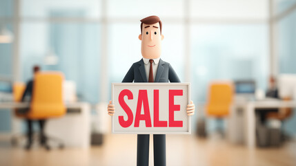 Business character holding sale sign in office