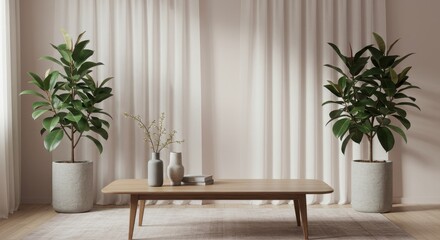 Modern living room interior with cozy plants and minimalist furniture design aesthetic in soft natural light