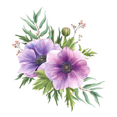 Purple anemones bouquet surrounded by greenery. Watercolor Windflowers pink buds twig with eucalyptus green leaves. Isolated realistic clipart for wedding, greeting card floral Hand drawn illustration