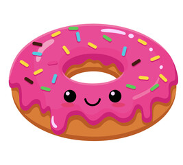 Kawaii pink glazed donut with sprinkles and a happy face.