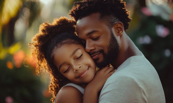 Young African American father and daughter hugging lovingly, fostering family bonding and showcasing inclusivity in modern relationships, Generative AI