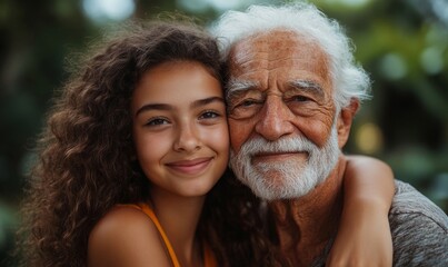Happy adult woman lovingly hugging elderly senior dad, demonstrating father-daughter affection. Celebrating family love and inclusivity, Generative AI