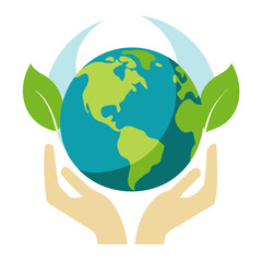 Hands holding globe ecology vector on white background.