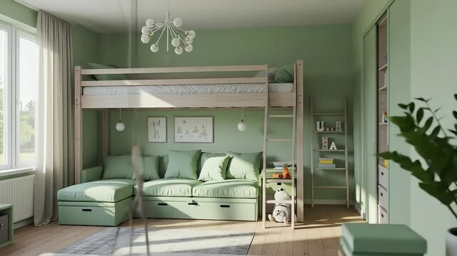 Sunlit Modern Child's Room with Light Green Walls, Loft Bed, and Cozy Sofa