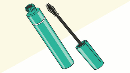 Illustration of a teal mascara tube with a black brush applicator on a light background surface view