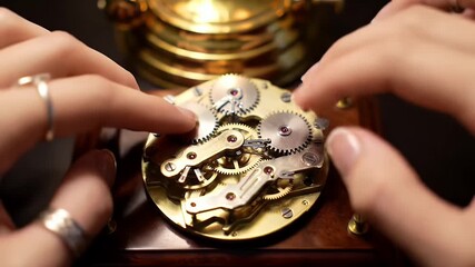 Hands Repairing Antique Clock Mechanism.