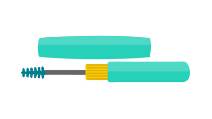 Illustration of a turquoise mascara tube with a yellow and gray applicator and its cap lying nearby