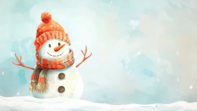 A colorful and whimsical snowman dressed in a cozy knitted hat and scarf stands against a picturesque snowy landscape, perfect for winter holiday decorations and video.
