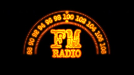 Bright retro FM RADIO neon glowing sign with animated frequency dial