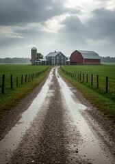 Wet gravel road leading to farm buildings under a cloudy sky with rain falling in the distance