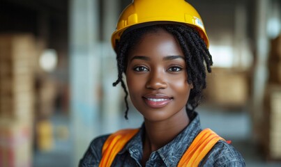 Happy black African American female construction worker, professional portrait of a skilled tradeswoman builder, celebrating diversity in skilled professions, Generative AI