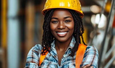 Happy black African American female construction worker, professional portrait of a skilled tradeswoman builder, celebrating diversity in skilled professions, Generative AI