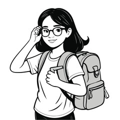 A young female student wearing glasses and a t-shirt, carrying a backpack, in a casual pose. Smiling student carrying a backpack in a school setting.