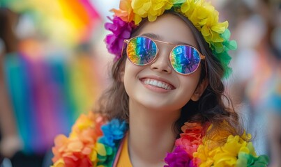 Happy young disabled Asian girl in wheelchair celebrating pride month, participating in pride festival parade, showcasing equality and inclusion, Generative AI
