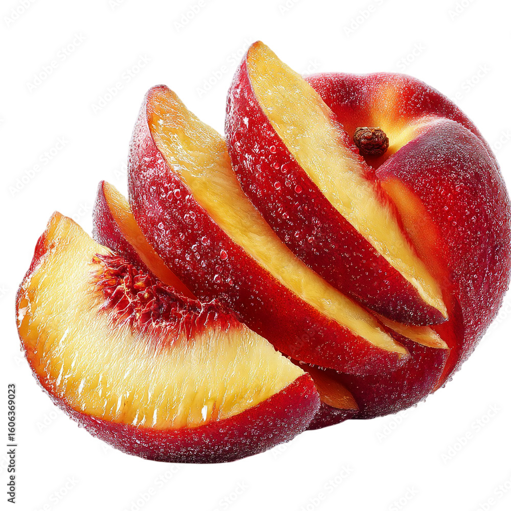 Poster a close up of a sliced peach with a black background in a studio shot isolated on transparent backgr