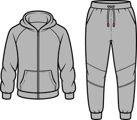 Front view hoodie and jogger technical sketch, fashion flat vector illustration for casual wear, sportswear, loungewear and activewear design