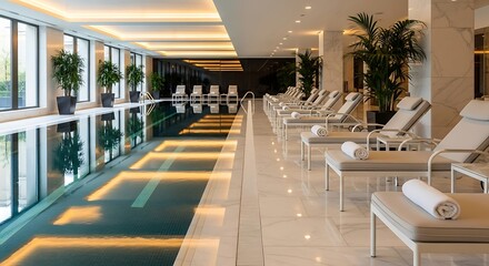 Luxurious indoor swimming pool with loungers and plants