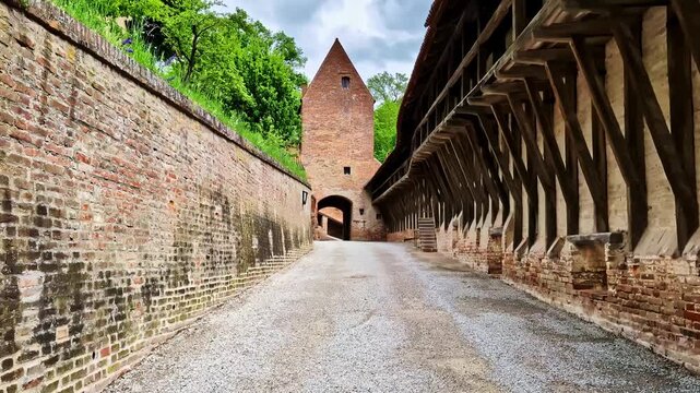 Medieval castle gate with machicolations at Trausnitz Castle, Landshut, Germany