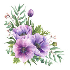 Watercolor purple Anemones with gypsophila pink buds twig and eucalyptus leaves. Realistic greenery floral corner design for wedding, greeting card Hand drawn isolated from background illustration