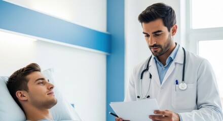 Fototapeta premium Male Doctor Discussing Patient's Health and Treatment Plan in a Hospital Ward