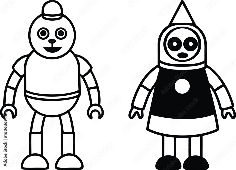 Poster vector art of two simple black and white cartoon robots standing side by side isolated on transparen