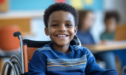 Happy disabled African American school child smiling in wheelchair, participating in inclusive education in the classroom, Generative AI