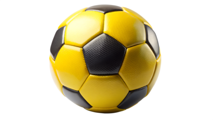 A vibrant yellow and black soccer ball isolated on a transparent background, ready for a competitive game