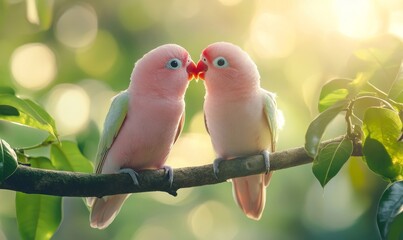 Valentine's Day image of two pink love birds kissing on tree branch under sunny tropical rainforest, symbolizing love and natures beauty, Generative AI
