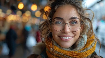 Smiling young woman in glasses, warm scarf, city background