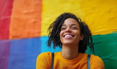 Happy disabled African American gay lesbian woman in wheelchair smiling in front of rainbow flag mural, emphasizing pride month and workplace inclusion, Generative AI
