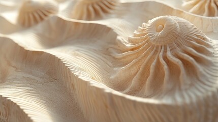 A close-up of seashells, each with a unique yet repeating spiral pattern that forms an abstract design. The soft cream and beige tones of