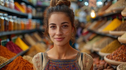 Smiling woman in a spice market, blurred background with various colors