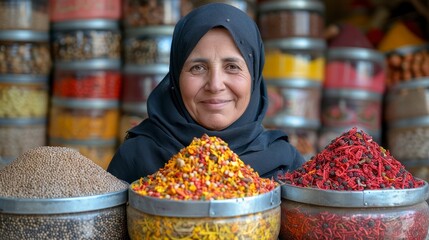 Smiling woman in hijab amid colorful spices in jars, filling the frame, at market